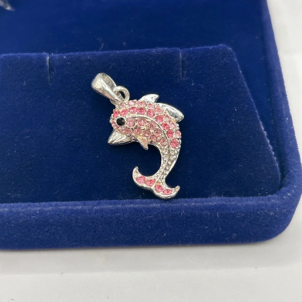 Elegant Silver Pink Black Crystal Dolphin Pendant Only​​